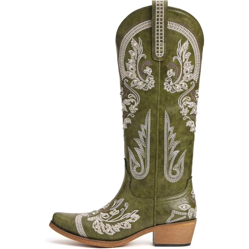 Women Faux Leather Green Rhinestones Embroidered Chunky Heel Knee High Boot